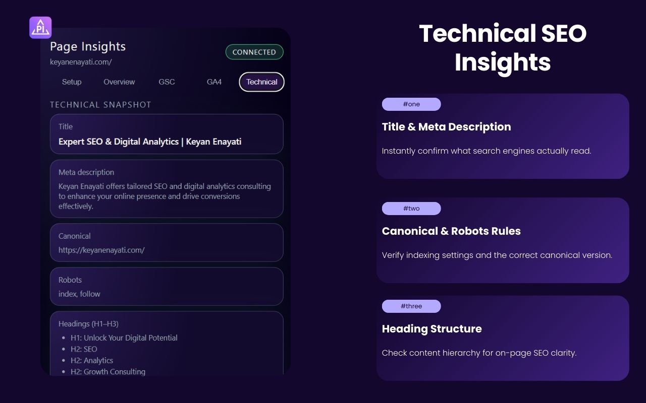 Page Insights Technical tab showing title, meta description, canonical, robots and heading structure