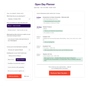 Aston University Open Day Planner tool showing the itinerary builder form
