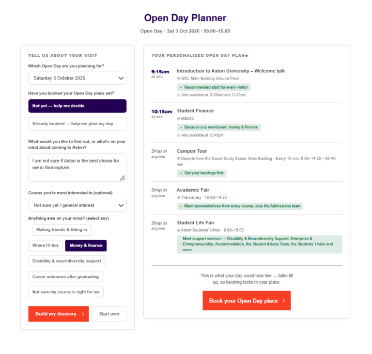 Aston University Open Day Planner tool showing the itinerary builder form