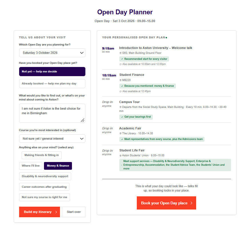 Aston University Open Day Planner tool showing the itinerary builder form